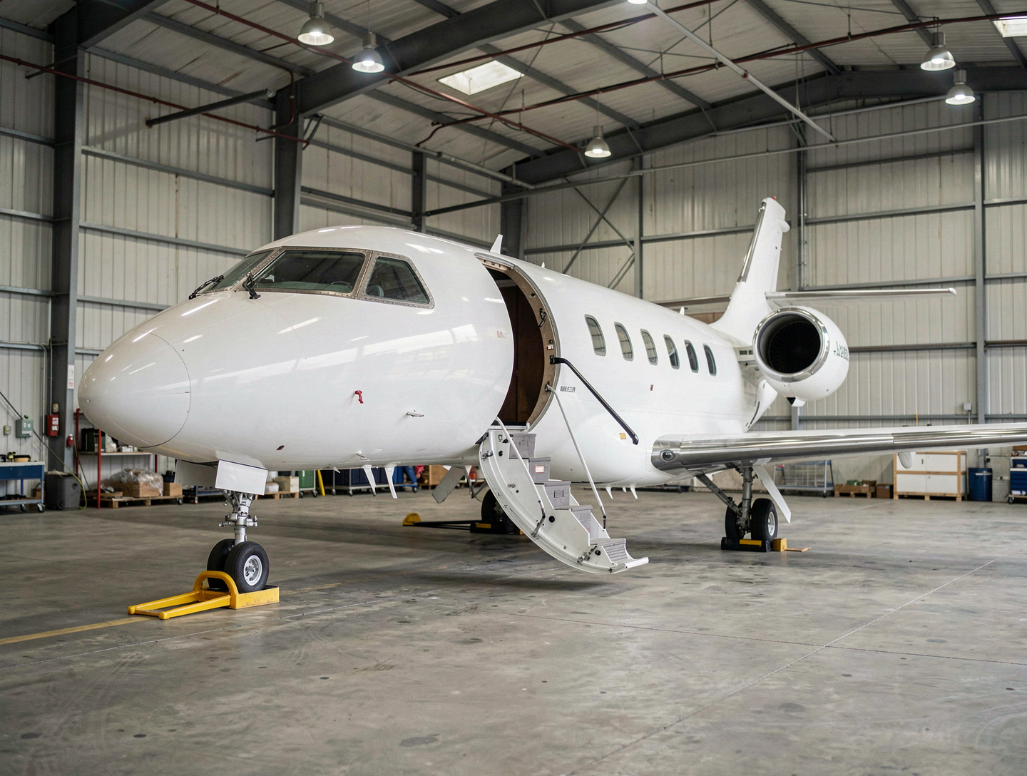 A business jet inside a hangar with the cabin door open and airstair down, a chock under the nose wheel, cool overhead lighting, medium wide shot from the side.
