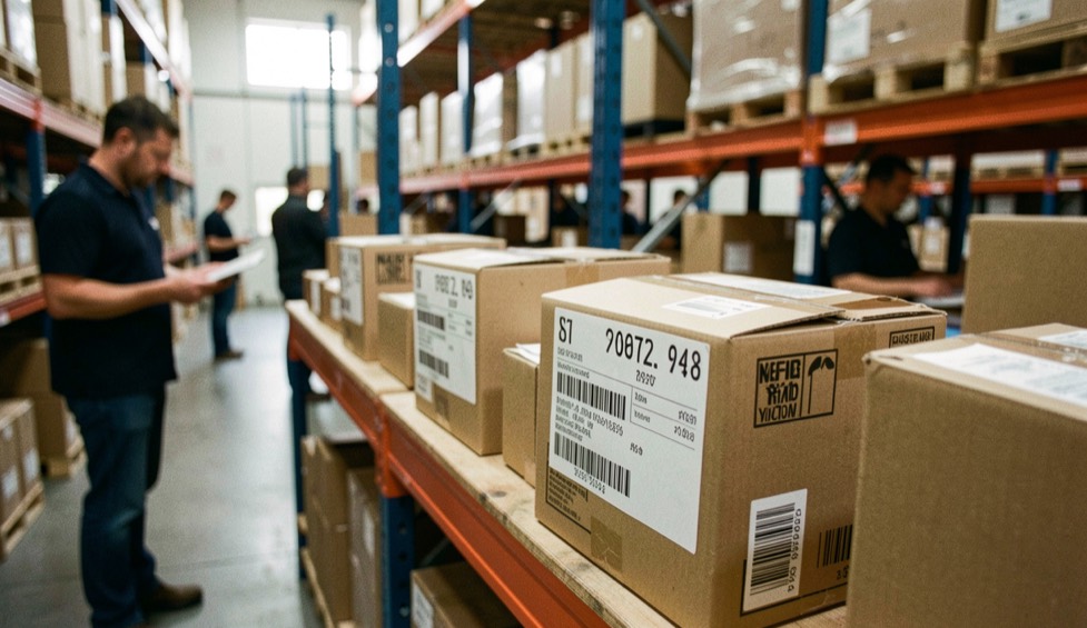 Track inventory with barcode and RFID technology: editorial warehouse photograph