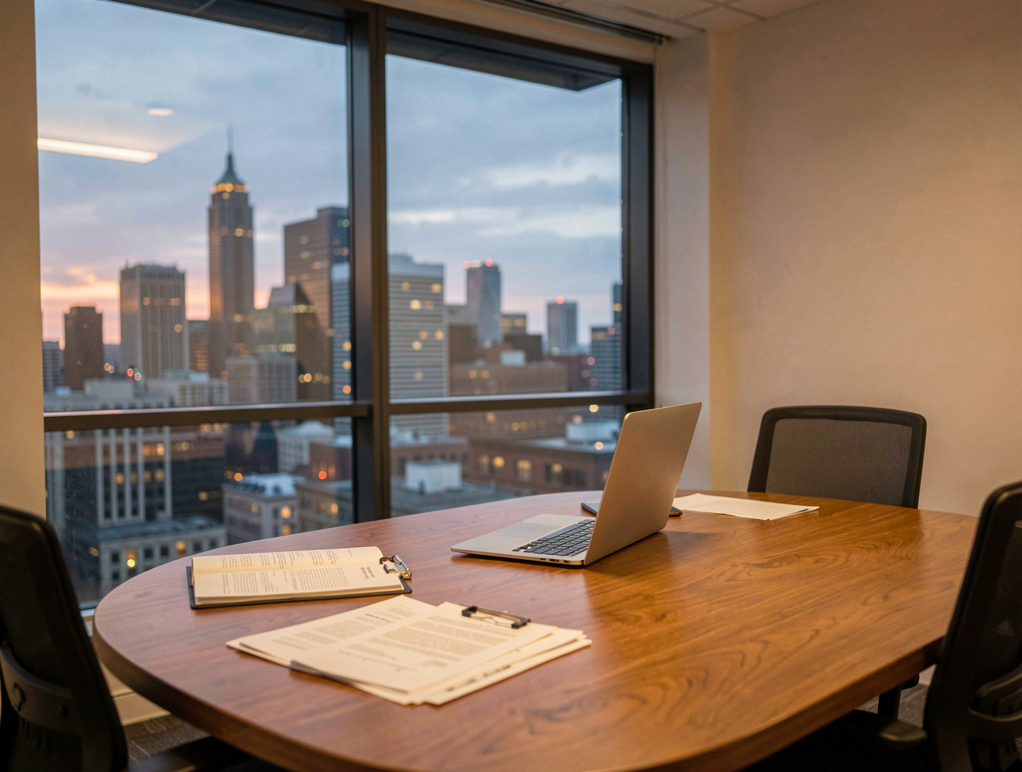 A modern office meeting room with a large window overlooking a city skyline at dusk, a wooden table with documents and a laptop, soft warm lighting, medium shot from a slight angle.