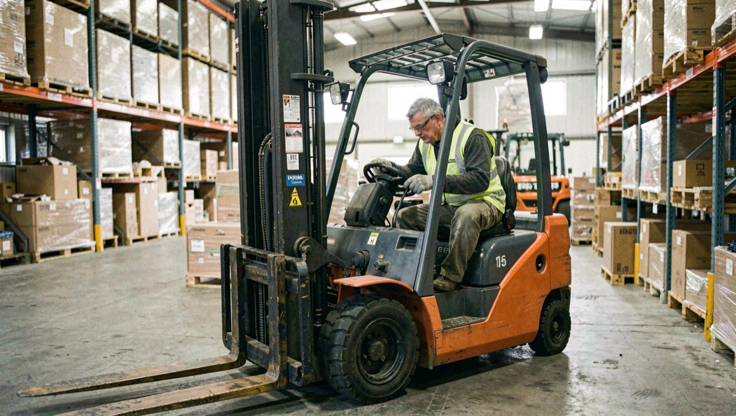 Conduct a daily forklift pre-use inspection: editorial warehouse photograph